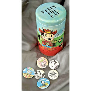Vintage Felix The Cat Twisting Tin Cans & 6 Pins Match Twist 3 Compartments 6"
